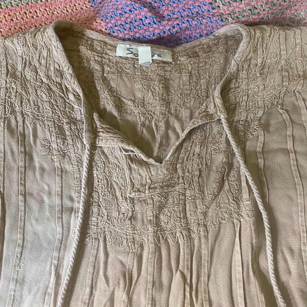 Tan Colored Embroidered Hippie top, 3/4 sleeves, loose and flowy